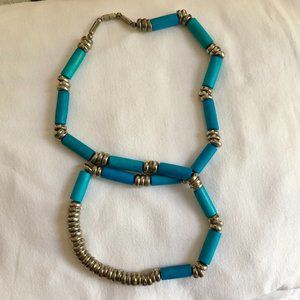 Tribal necklace with silver tones and turquoise look, screw fastener, preowned